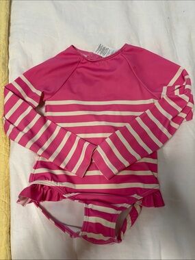Mini Boden Pink and Cream Striped Long-Sleeve One-Piece Swimsuit